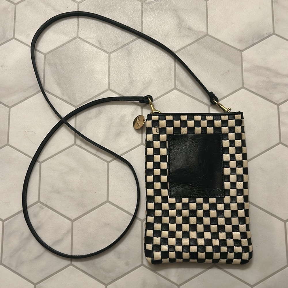 Clare V Poche Leather Woven Checkered Black/Cream Crossbody Bag 🏁